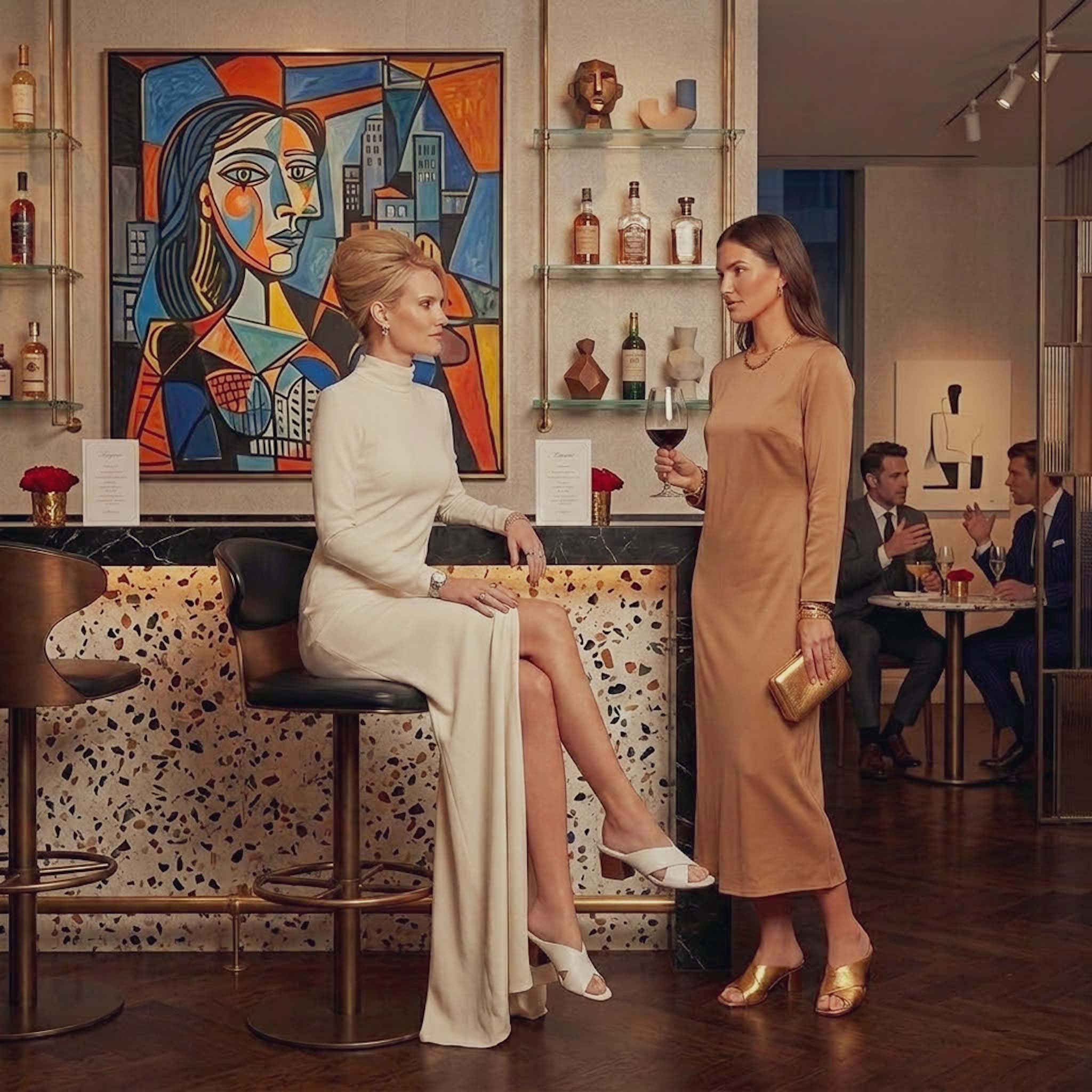 A vintage photo of two women in the 1960s having a glass of wine at a bar standing next to a Picasso painting while wearing beautiful Italian handcrafted heels for women by LOU EARL.