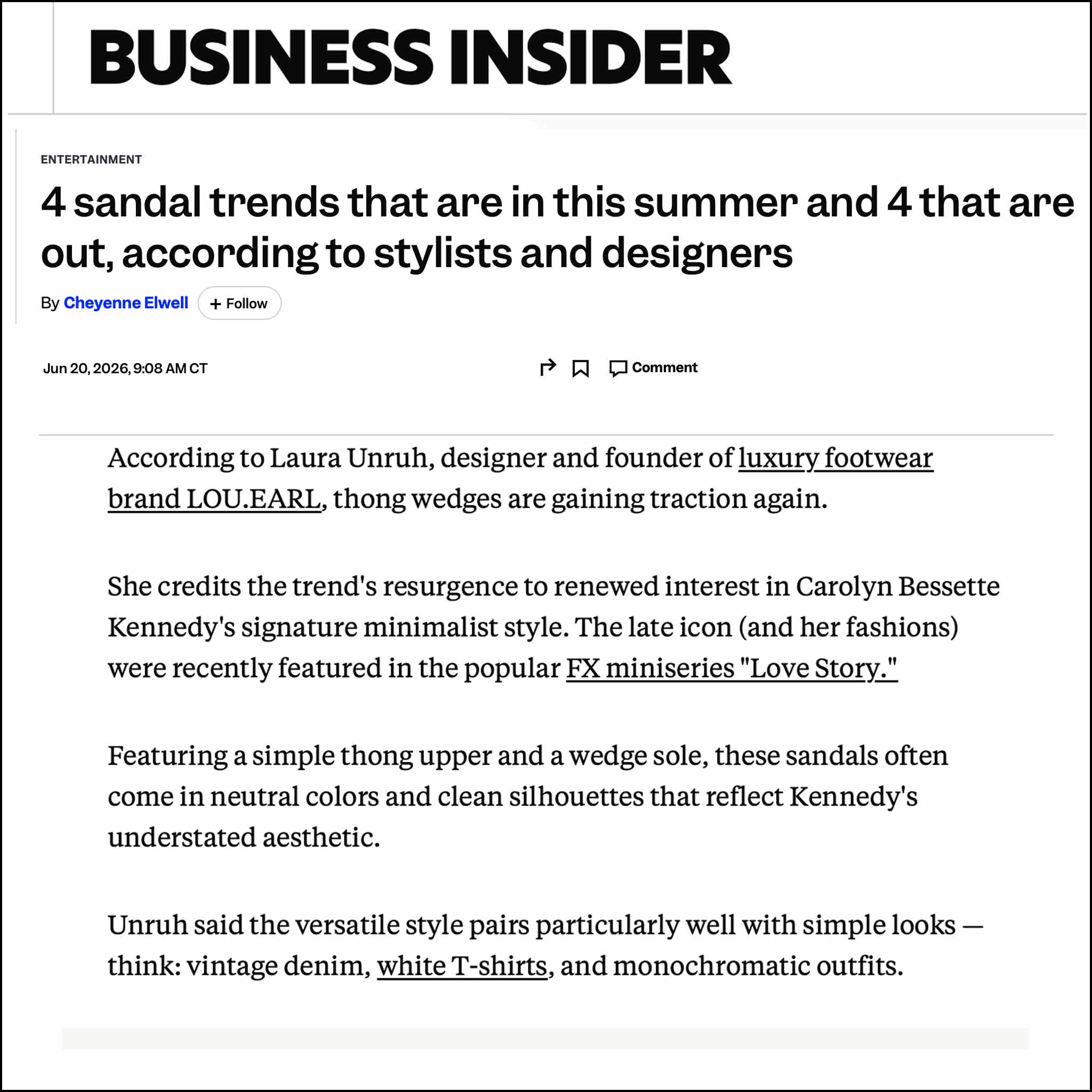 Business Insider Interview with LOU.EARL Founder & Designer Laura Unruh on Summer Sandal Trends - LOU.EARL