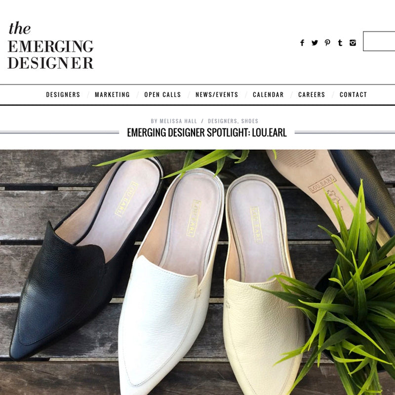footwear designer Laura Unruh interviewed for Emerging Designer spotlight showing different shades of slip on mule loafers for women