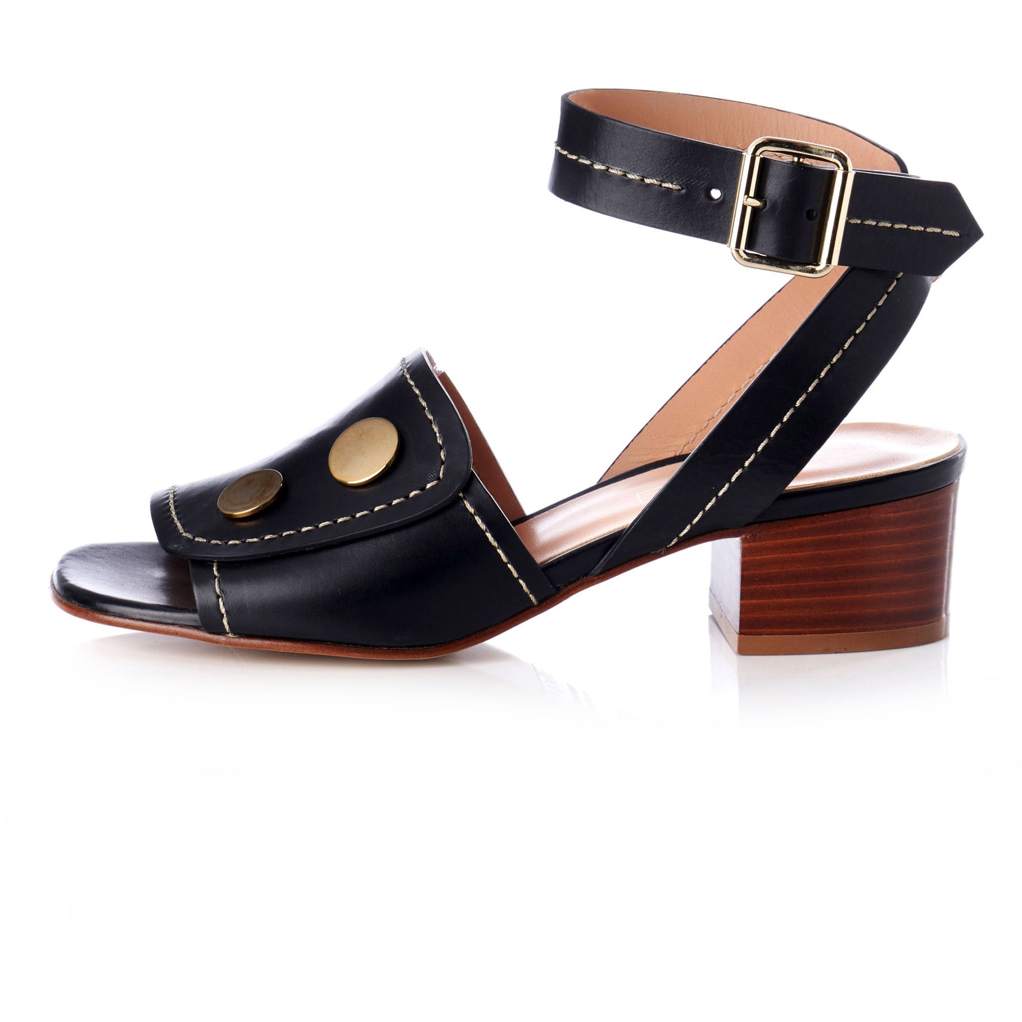 black open toe fully covered vamp sandals with two inch heel and wide band crossover ankle strap