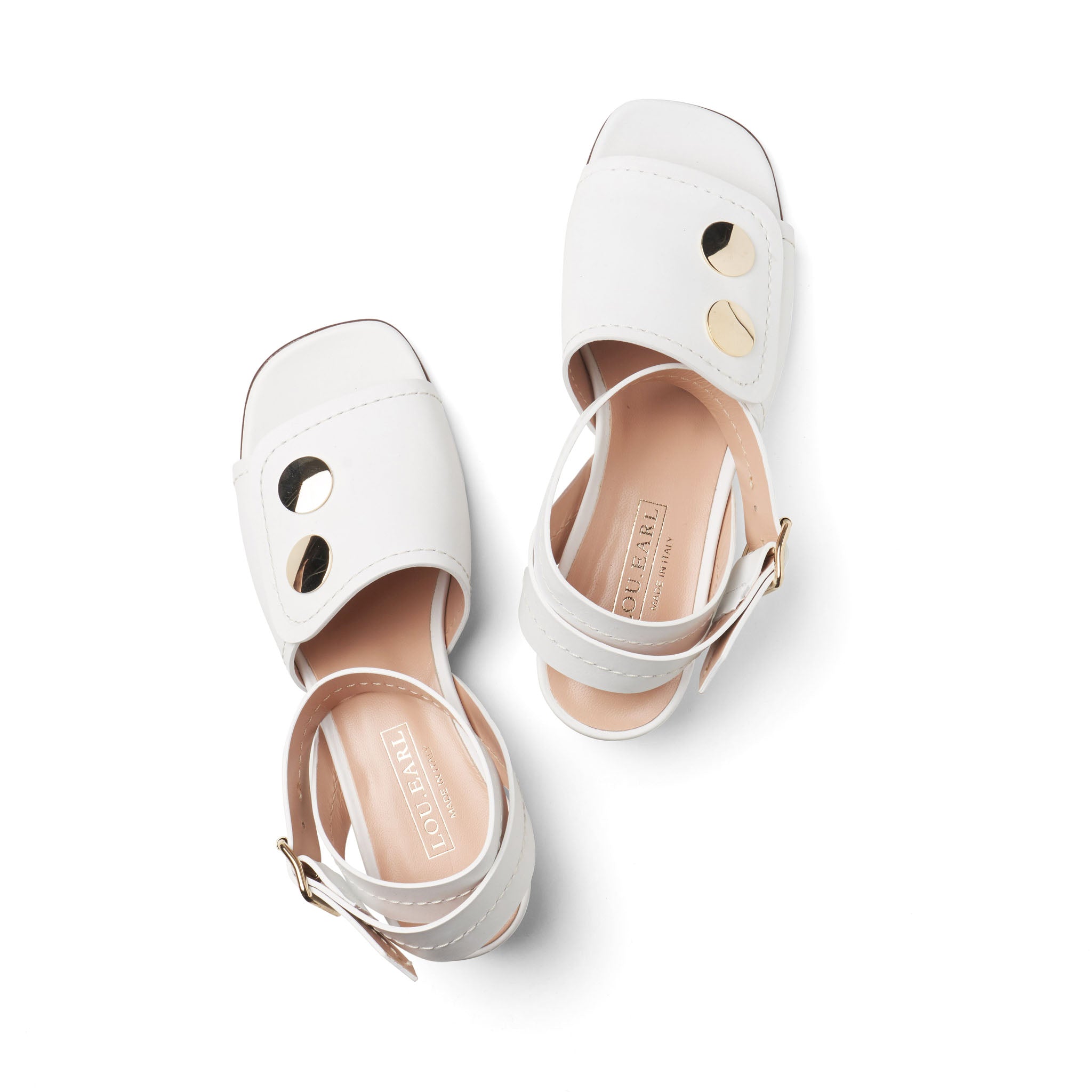 white square toe heels for summer with ankle strap and oversized metal gold hardware