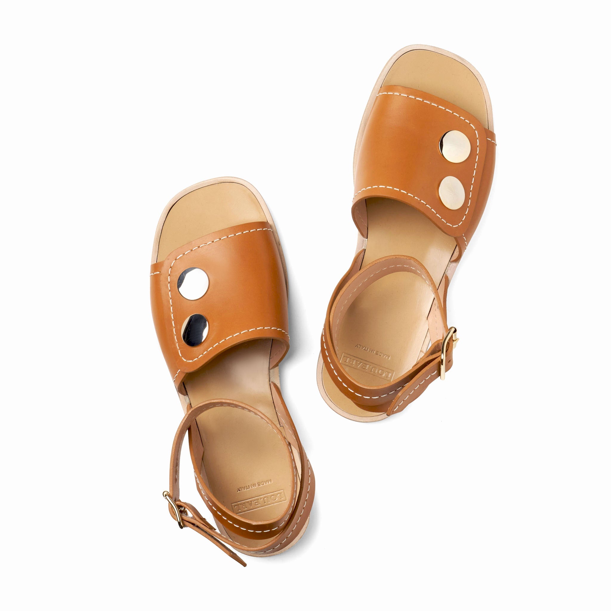 cognac ankle strap sandals for women with thick stitching details and gold hardware luxury sandals