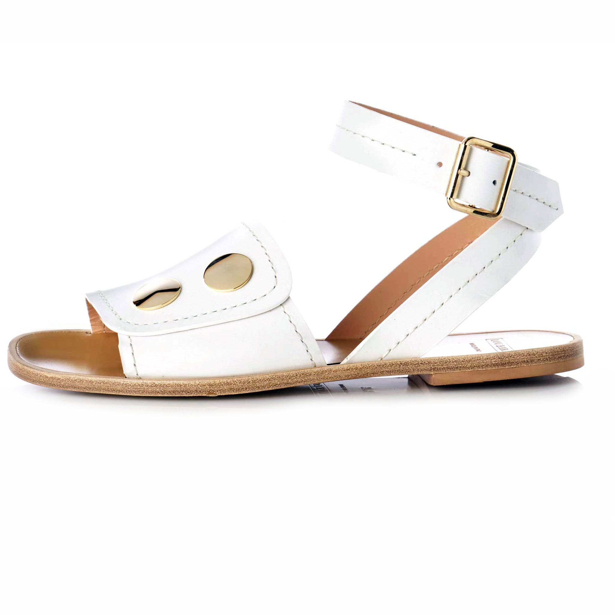 Euro fashion luxury leather womens sandal with open toe and oversized stud detail, ankle strap and buckle detail