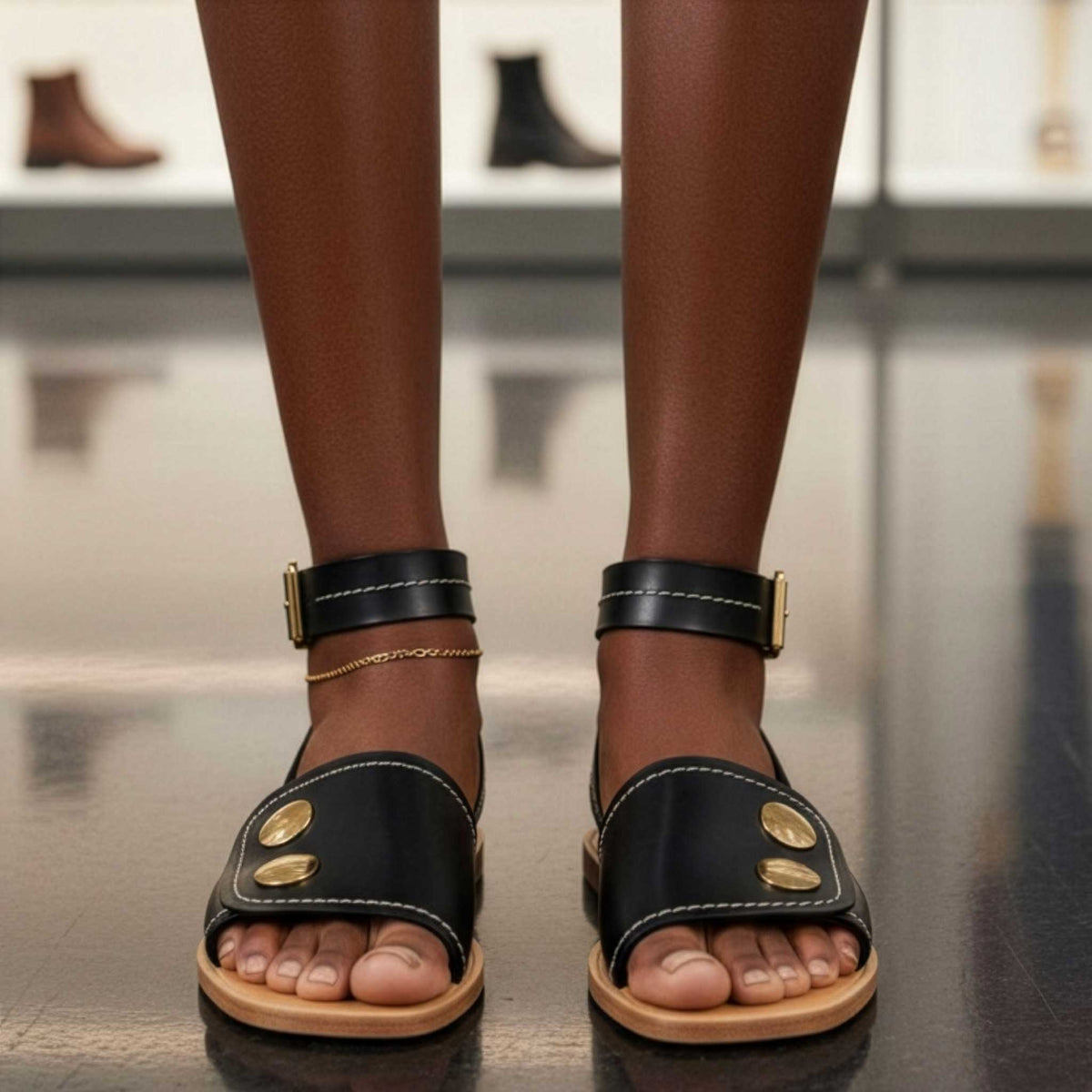 Pierrette Open Toe Flat Sandals in Black - LOU.EARL