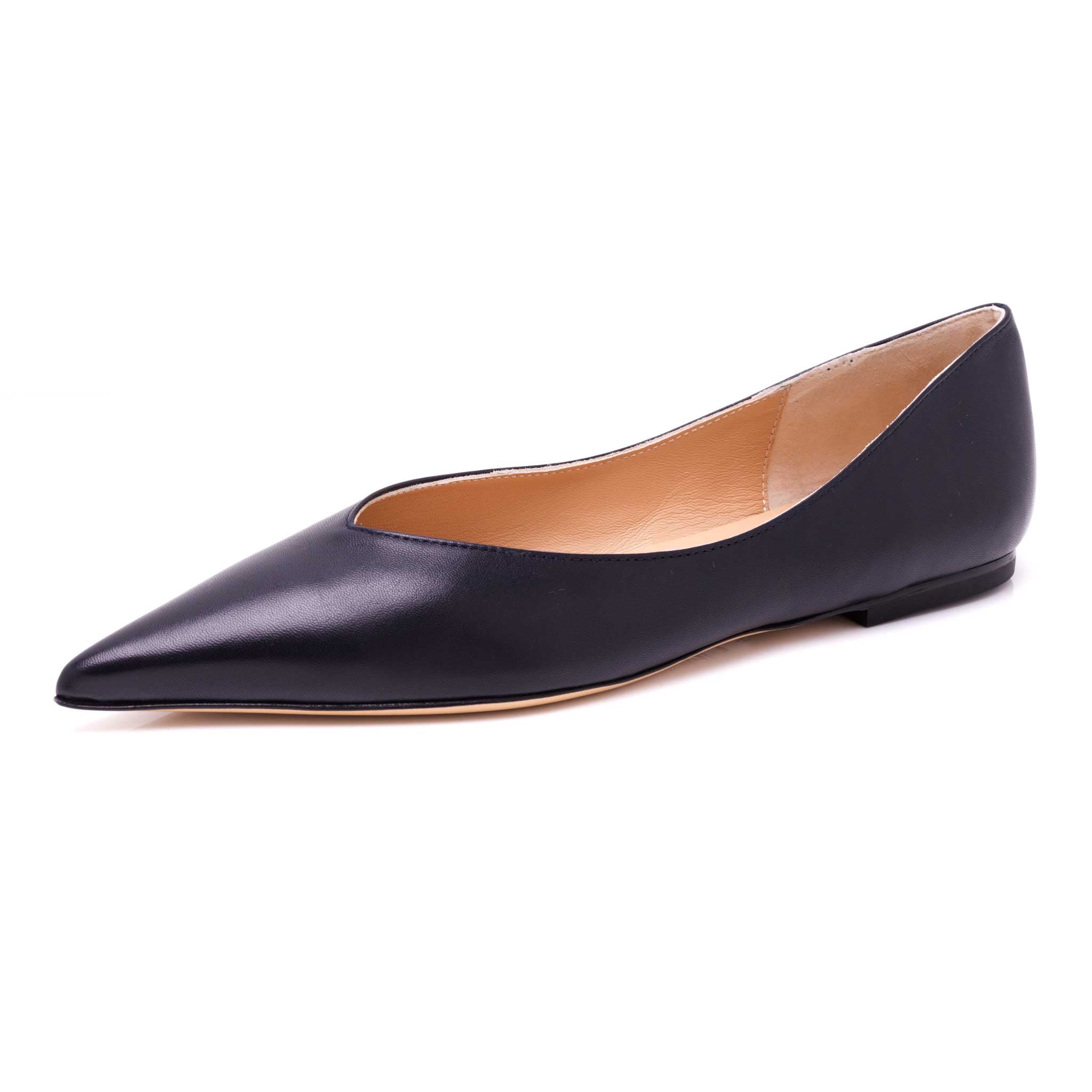 pointed toe leather navy slip on flat shoes for women