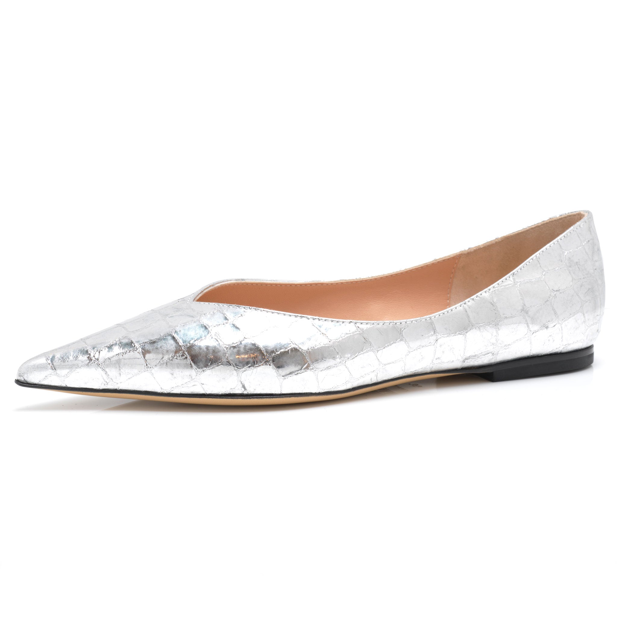 womens high-fashion pointed toe leather flat shoes in a silver metallic leather.