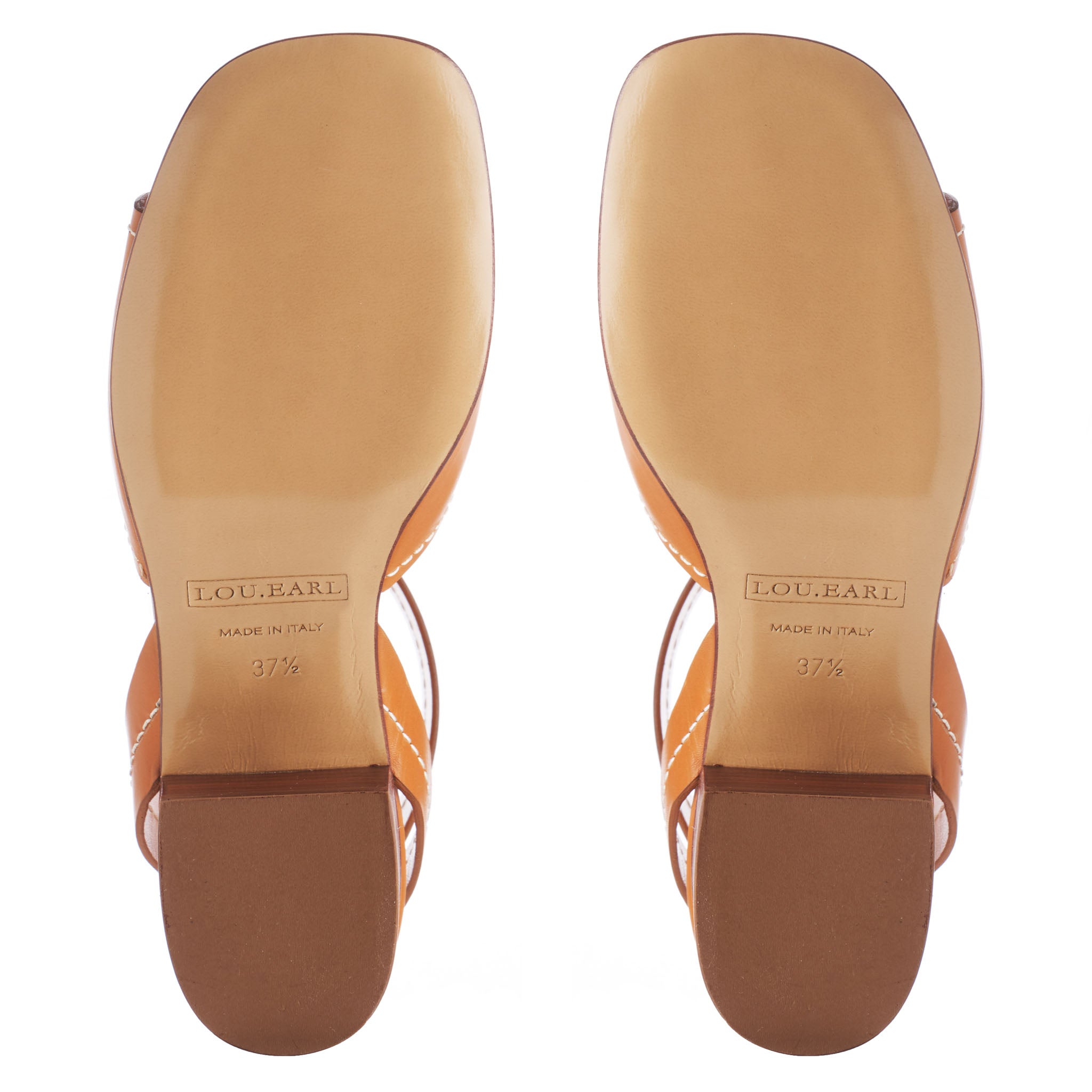 cognac square toe sandals with block heel and leather outsole