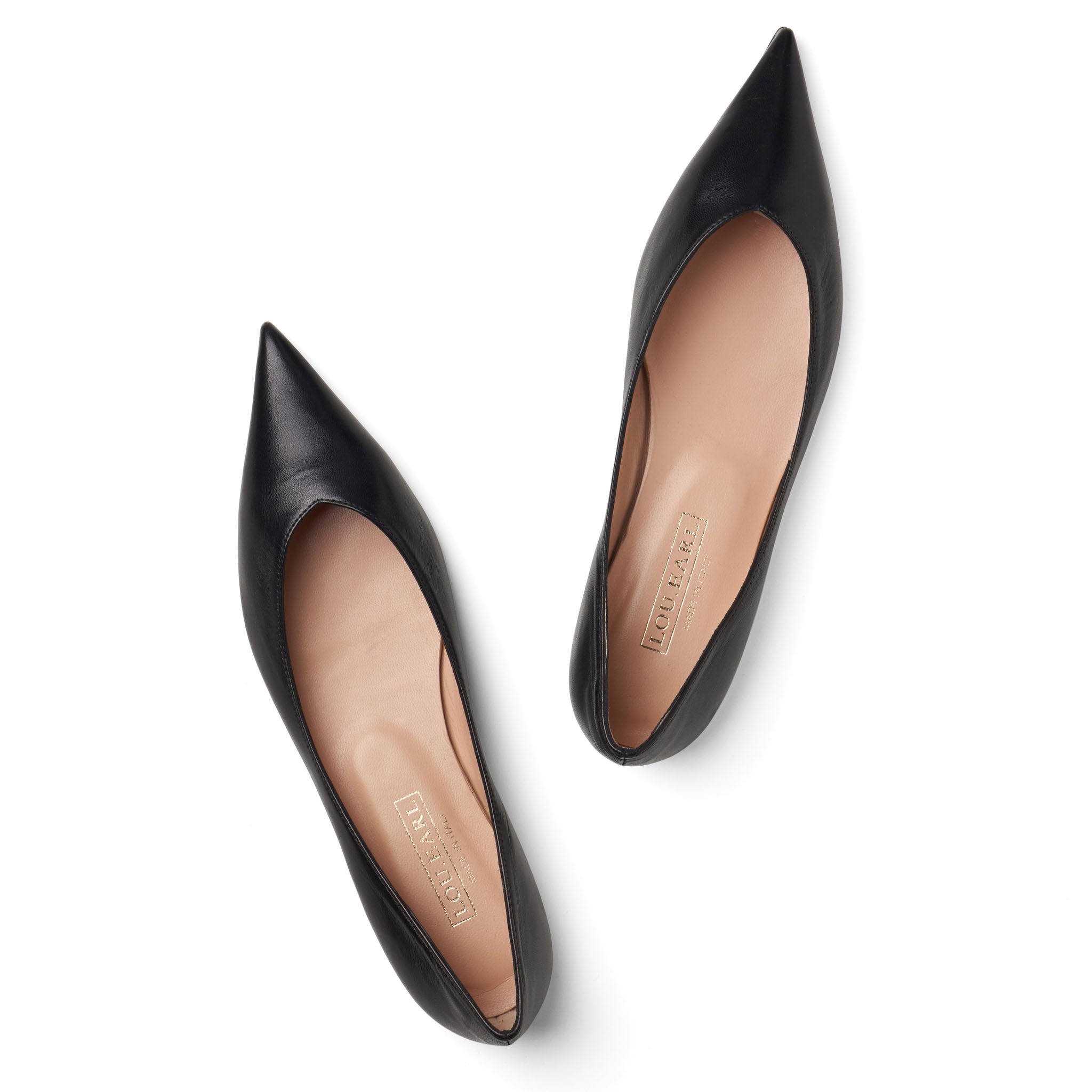 ultra pointed toe flat shoes for women in a smooth shiny black leather for business or sleek fashion