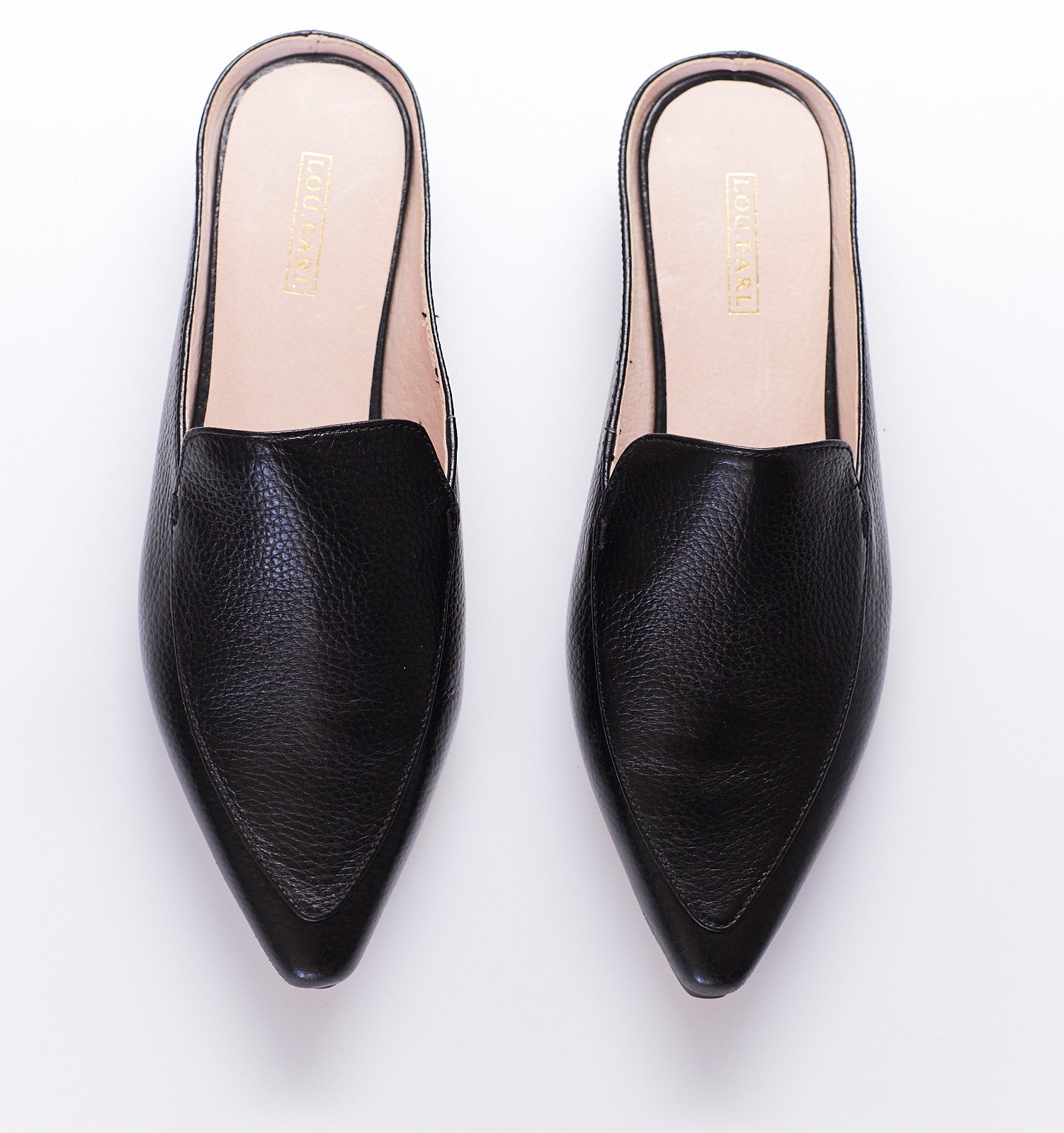 black pointe toe leather flat shoes with an open back for women