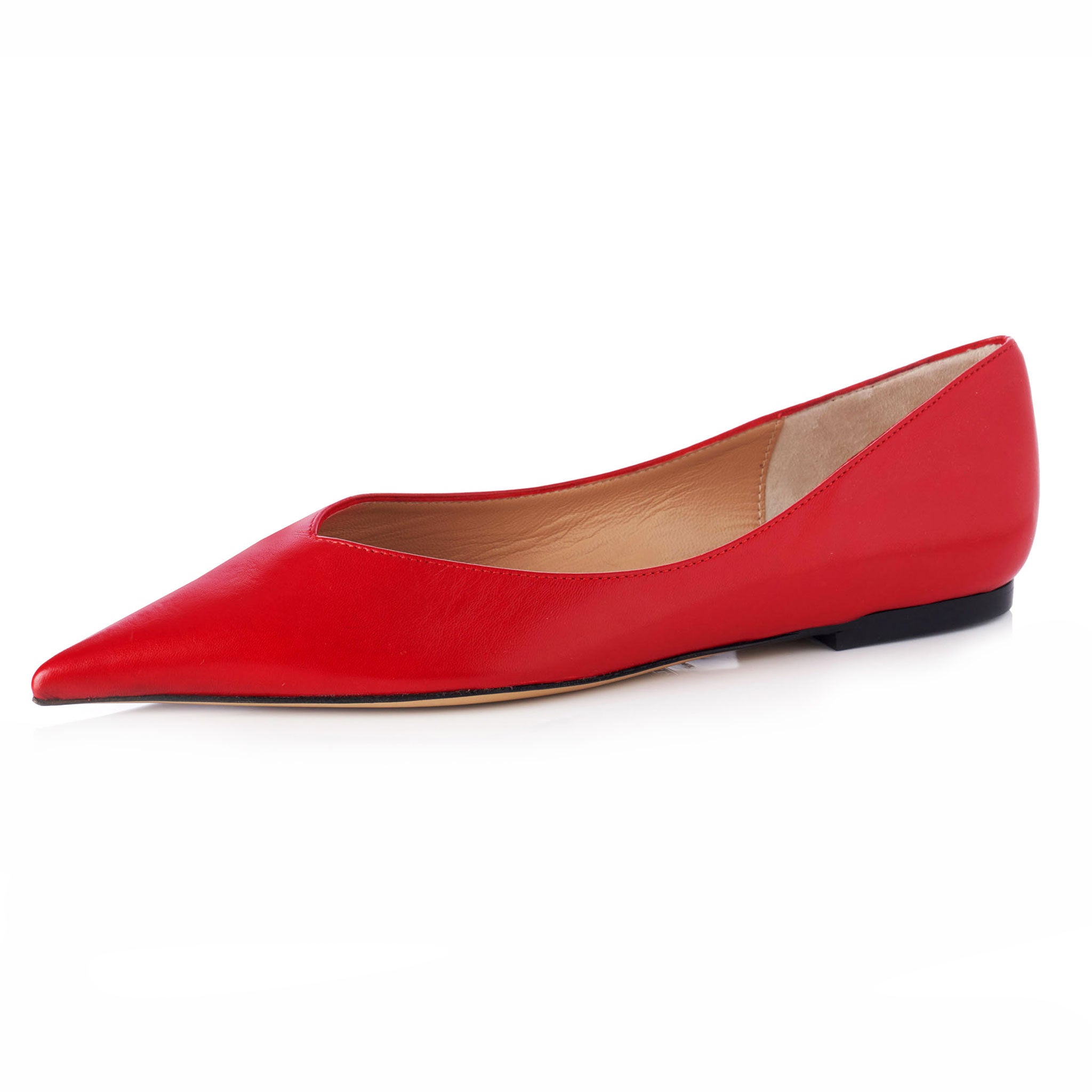 cherry red pointed leather luxury flats shoes with valentine cut at vamp