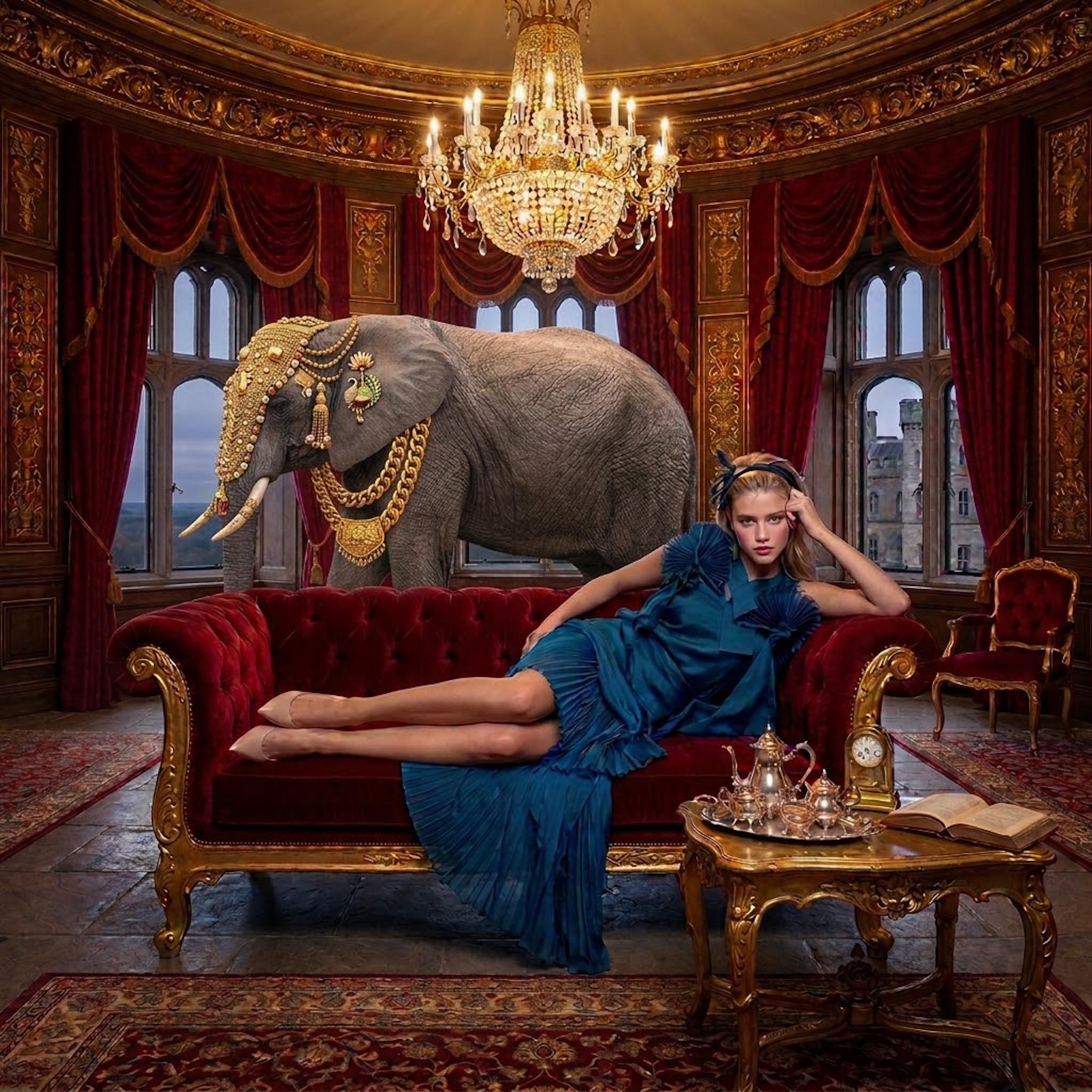 Woman in blue satin dress laying on red velvet sofa in a castle wearing nude pointed toe flat slip on shoes with elephant in background
