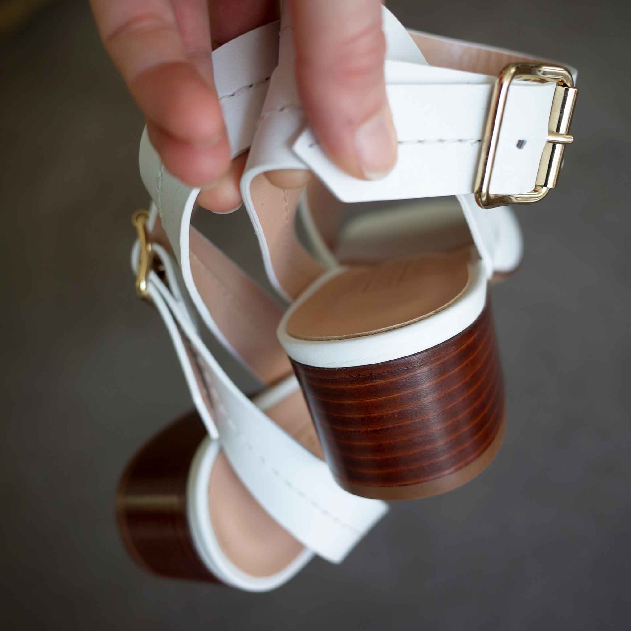 open toe and open back white shoes for women with stacked leather heel and gold hardware