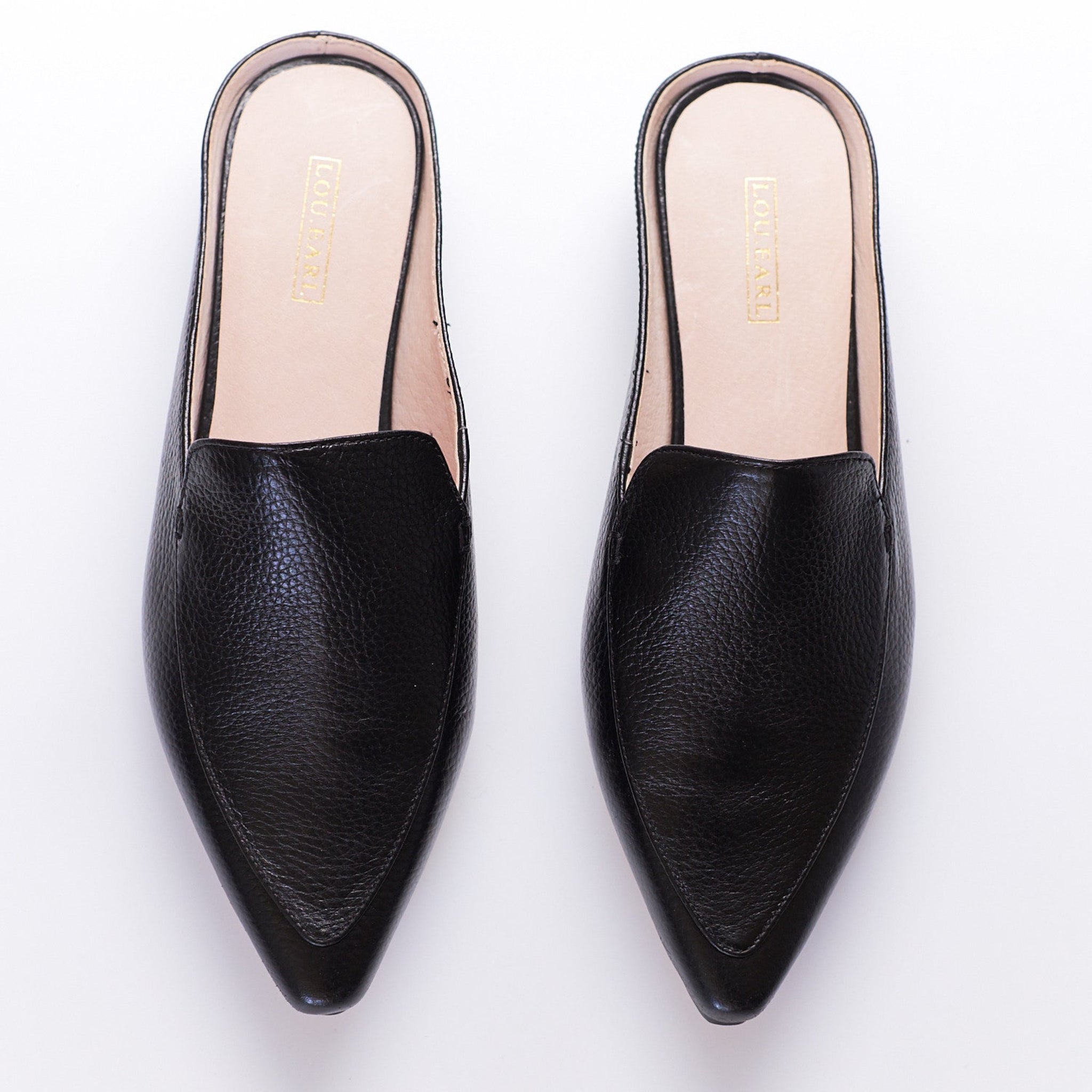 black pointe toe leather flat shoes with an open back for women