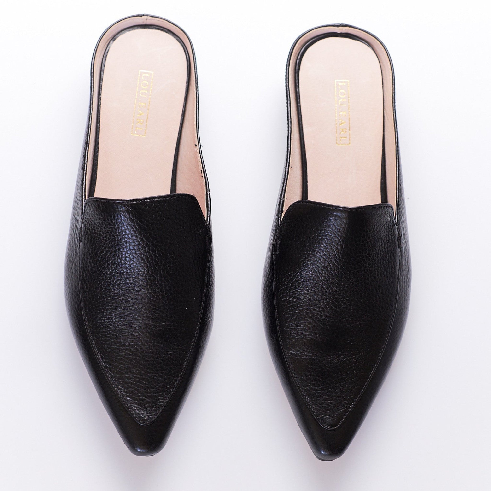 Lafayette Pointy Flat Mules in Black - LOU.EARL
