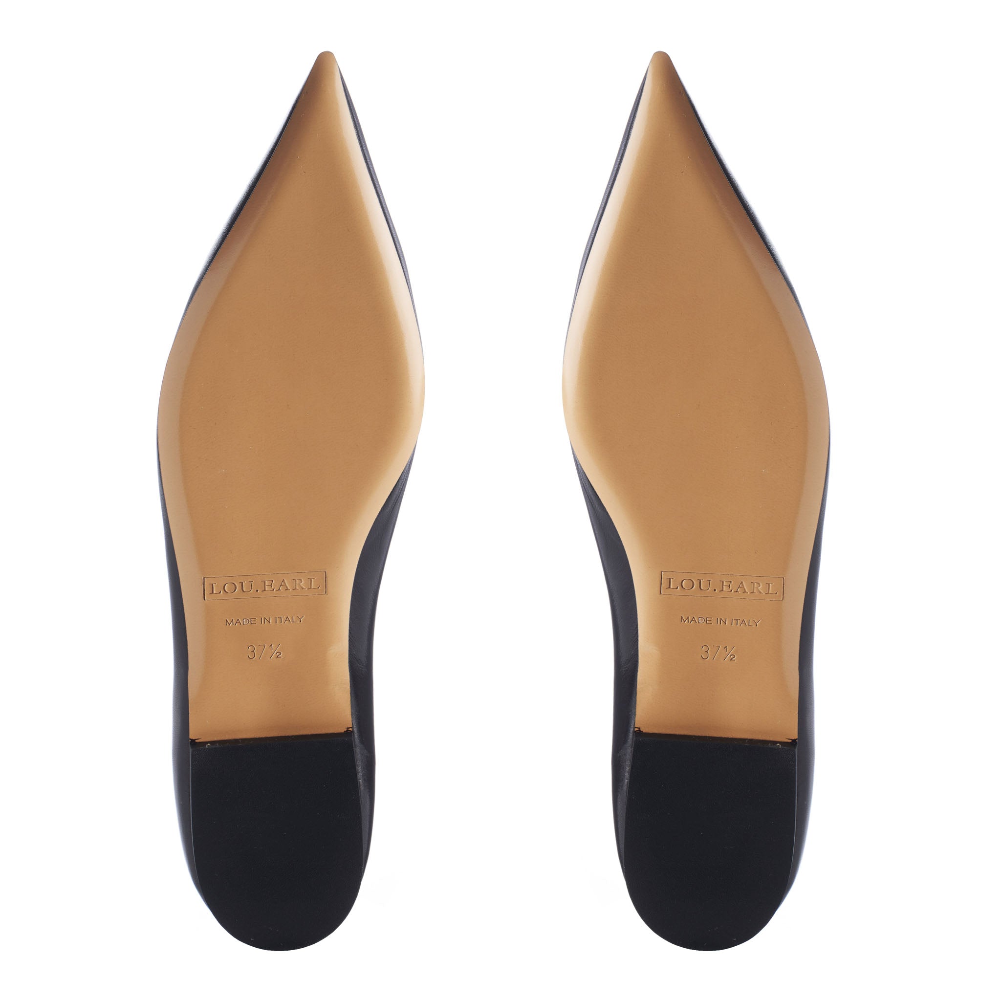 a pair of womens flat shoes showing outsole with sharp point toe shape and black heel.