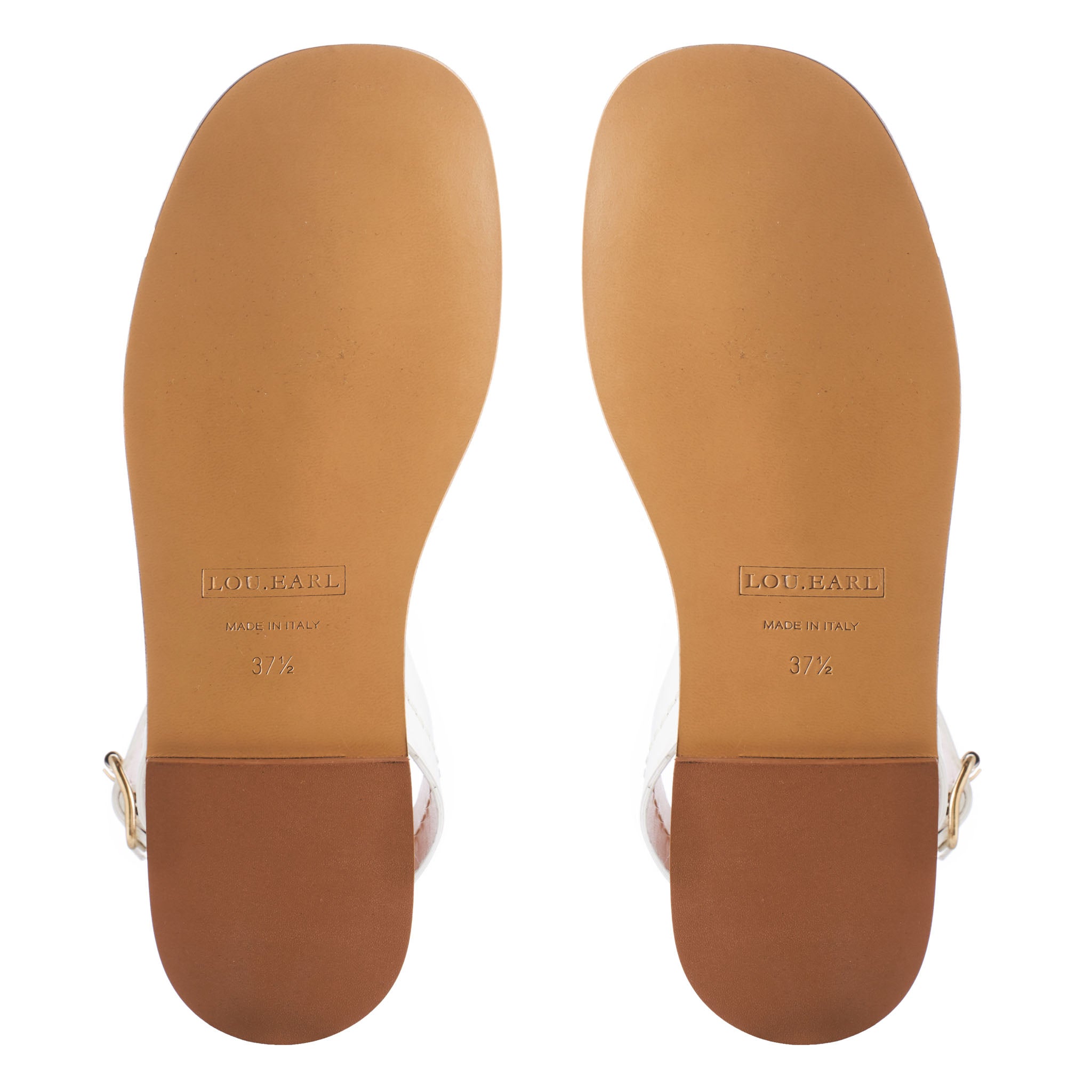 outer view of leather sandals sole, shape is lightly rounded toe with wide sole shape