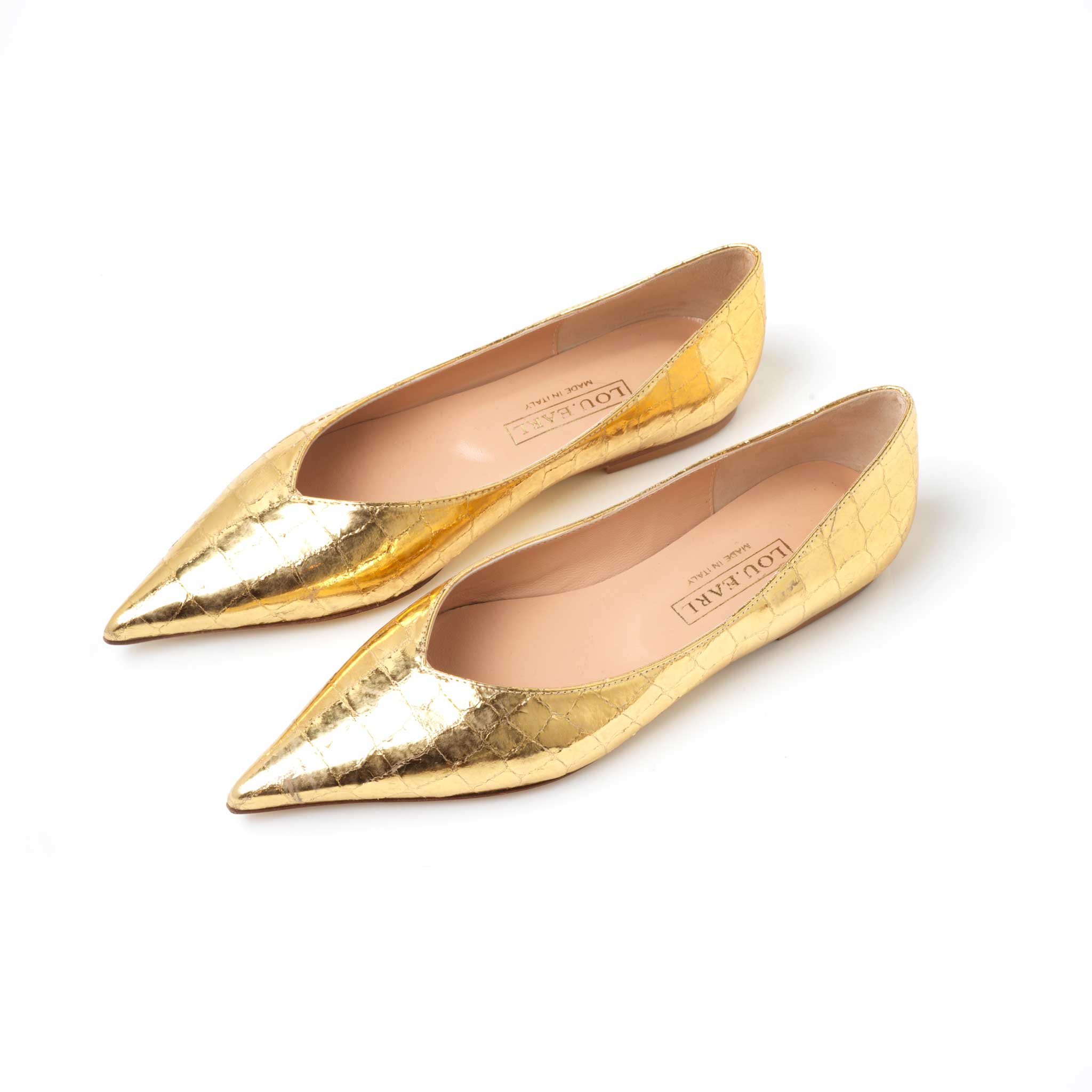 shiny metallic gold pointed toe flats for women on sex and the city