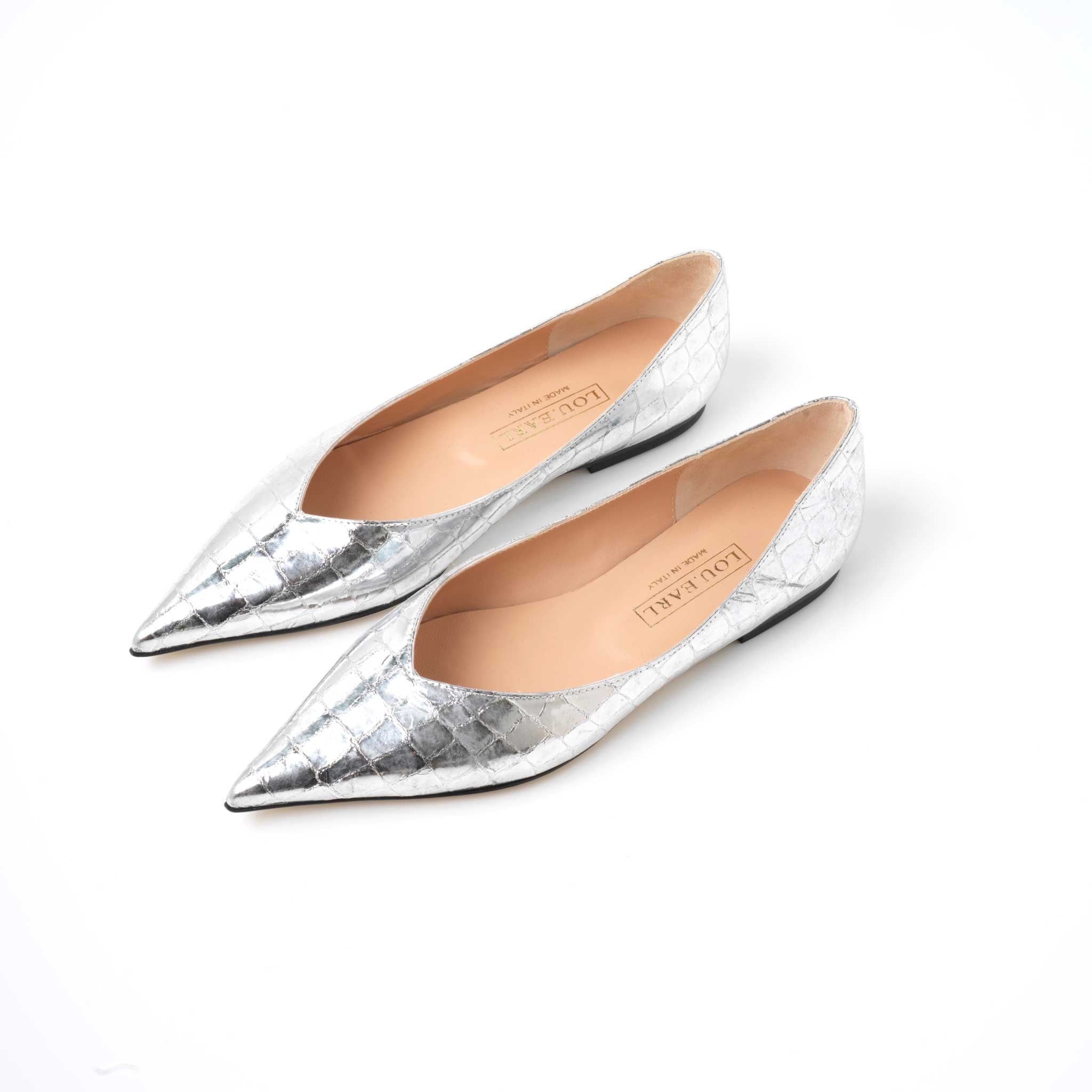 womens croco metallic silver slip on flat leather shoes from Italy designed in Los Angeles 