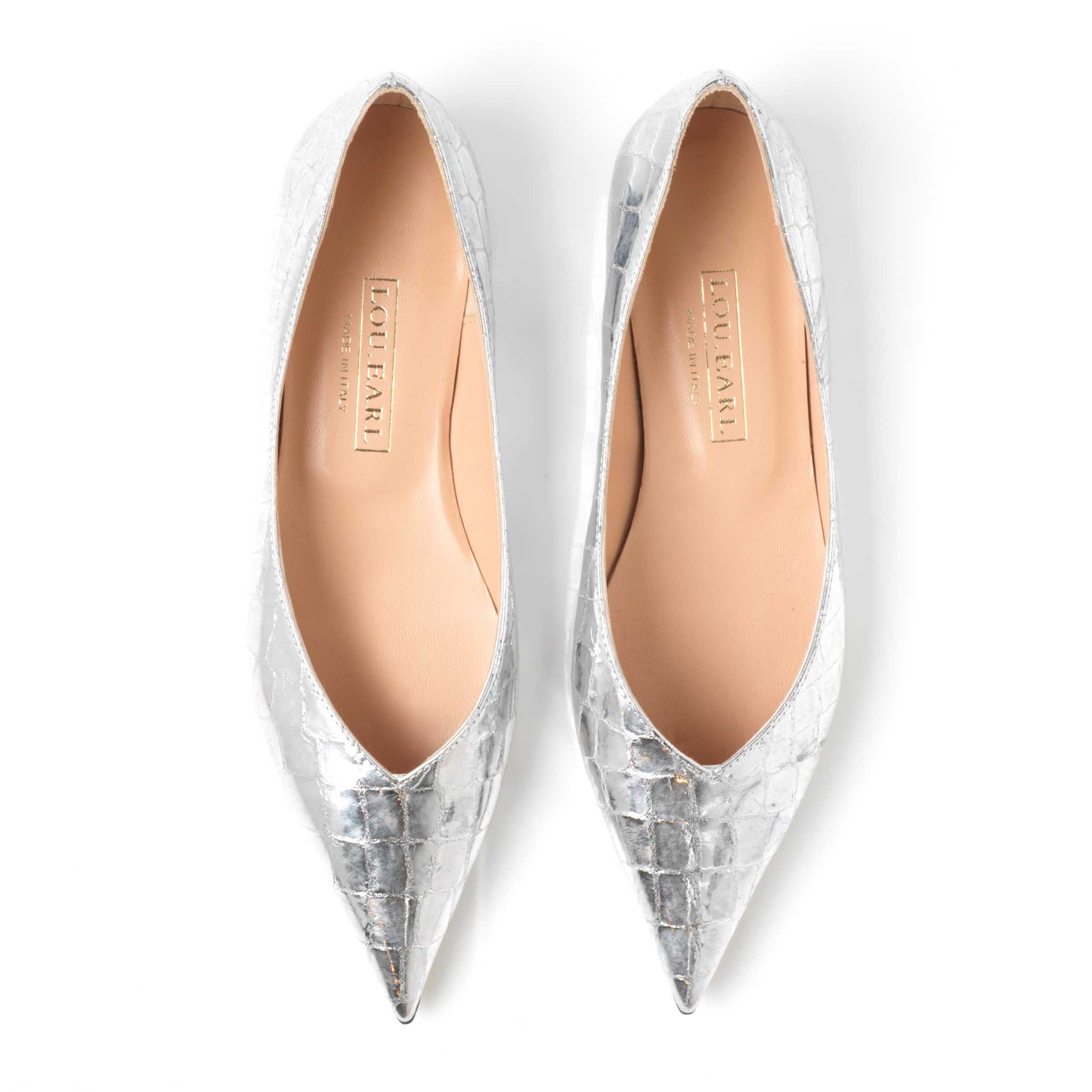 women's silver metallic pointed toe leather flat shoes