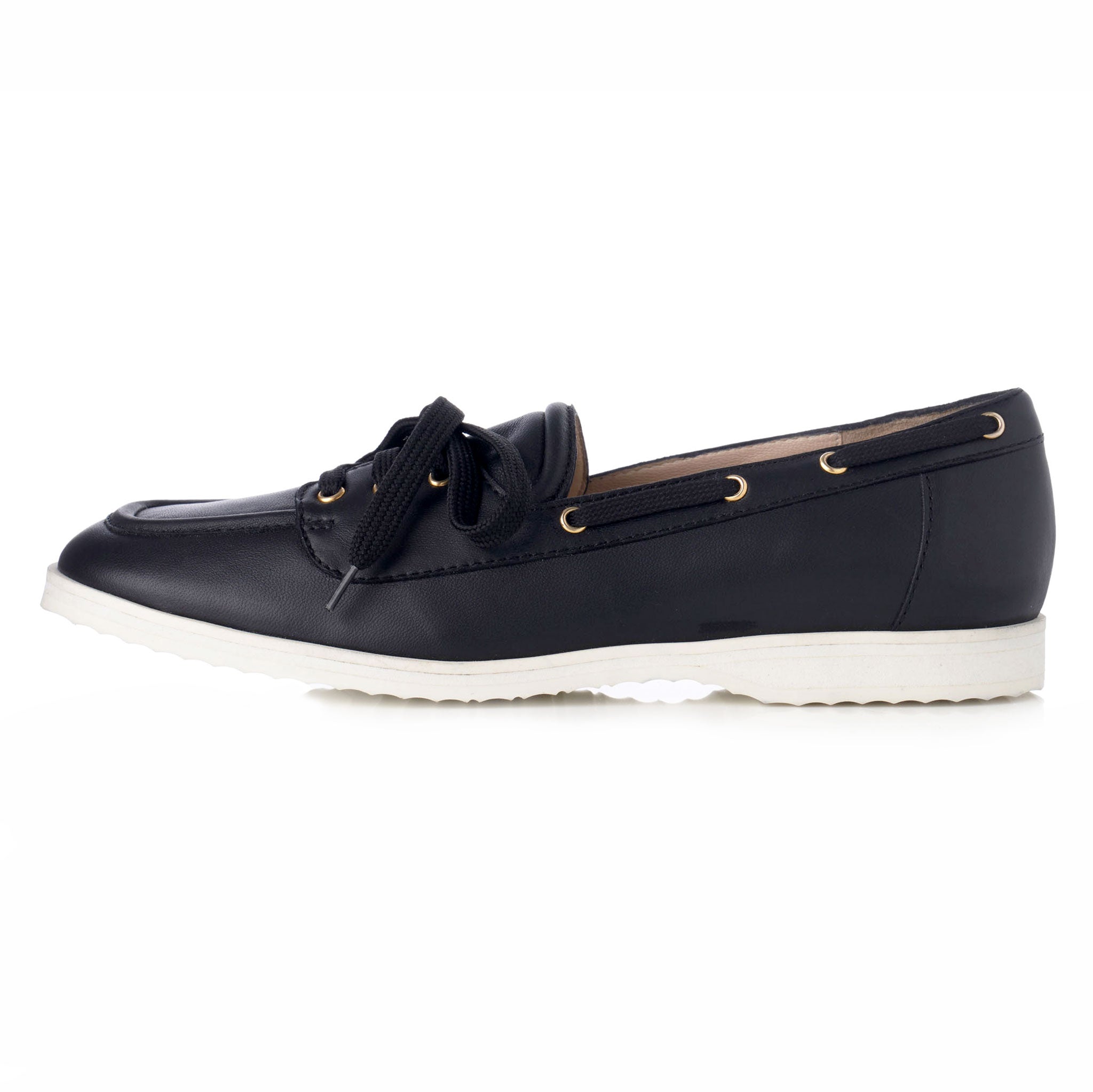 black slip on leather shoes for women with decorative laces and white sole