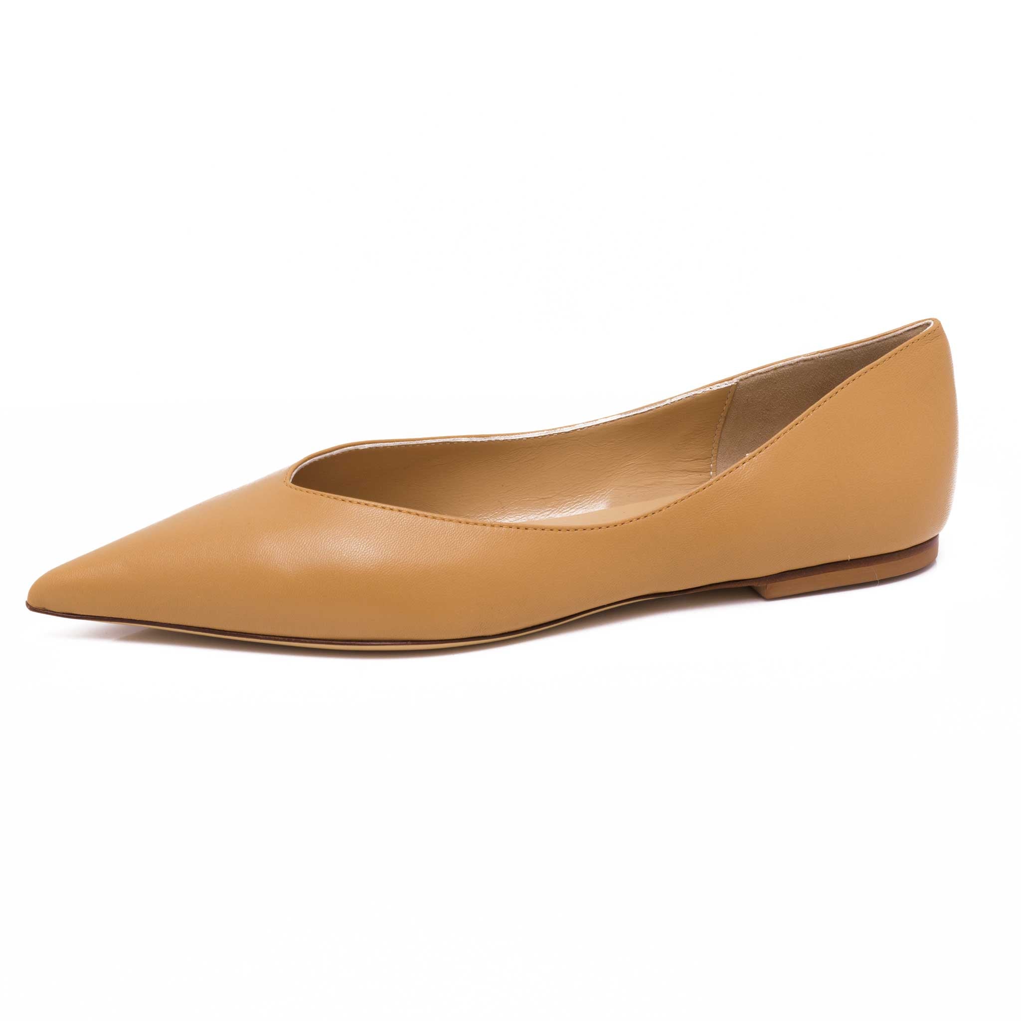 camel tan leather flat slip on shoes for women made in Italy with very pointed toe