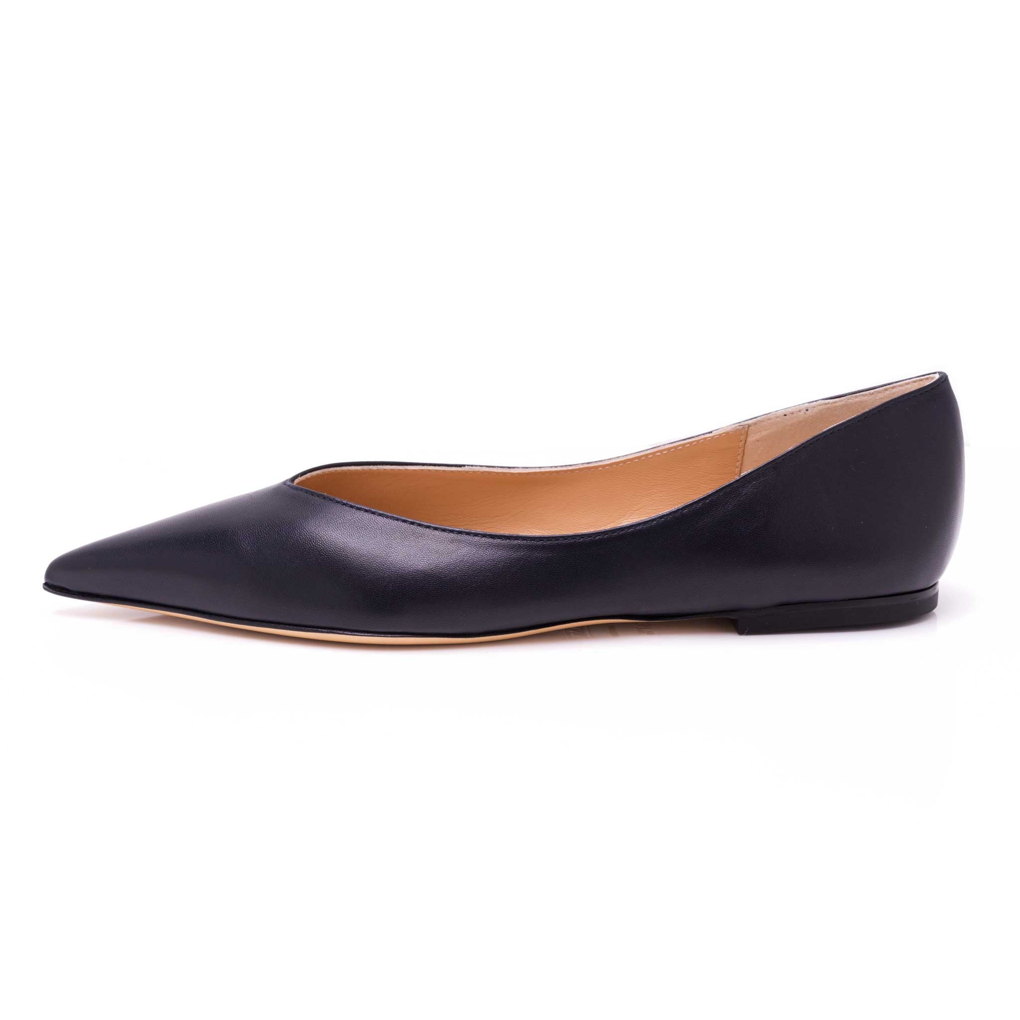 very pointed toe flat slip on shoes for women in a soft buttery leather dark navy color