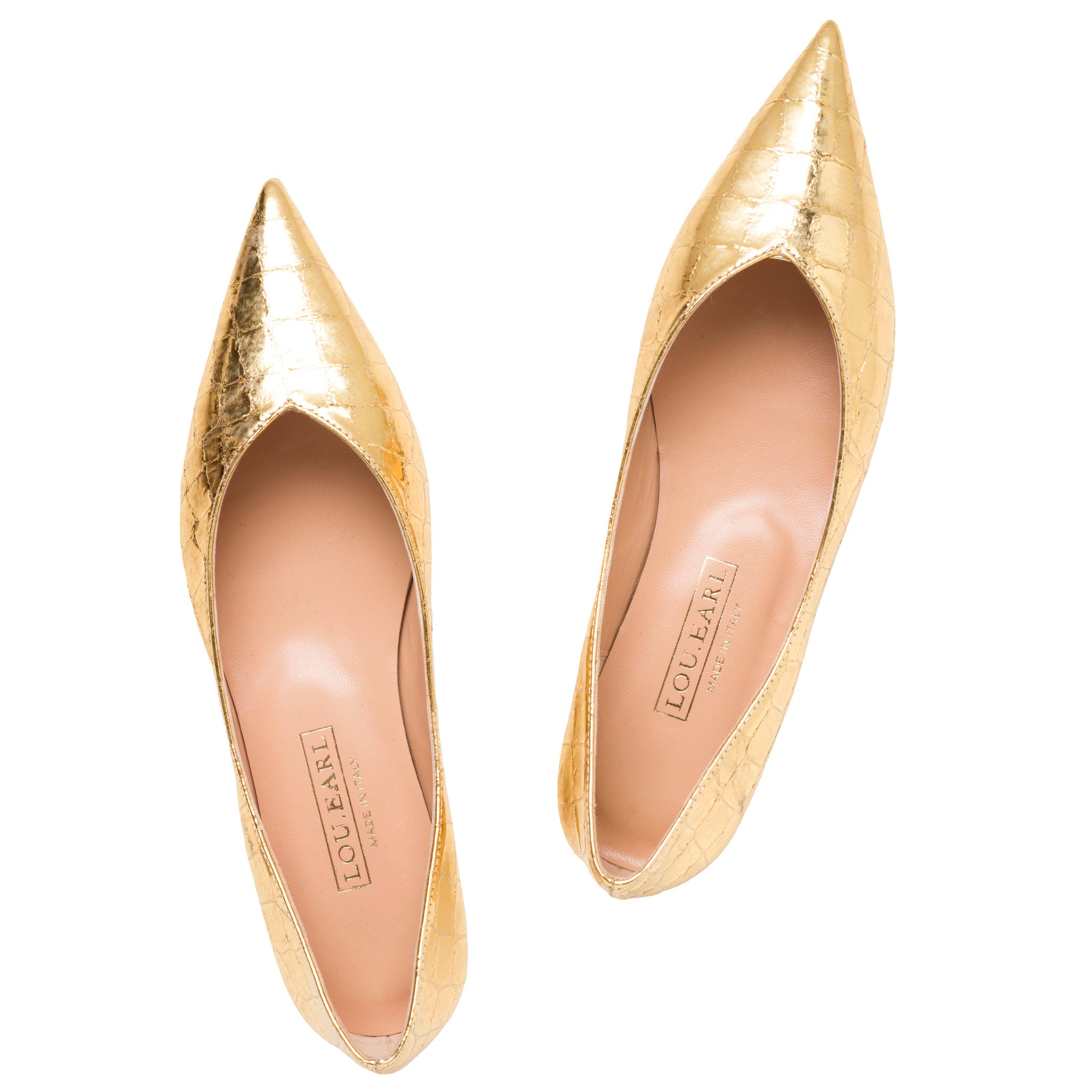 gold croco ultra pointed toe flat shoes for women in shiny metallic, slip on pointy ballet flats