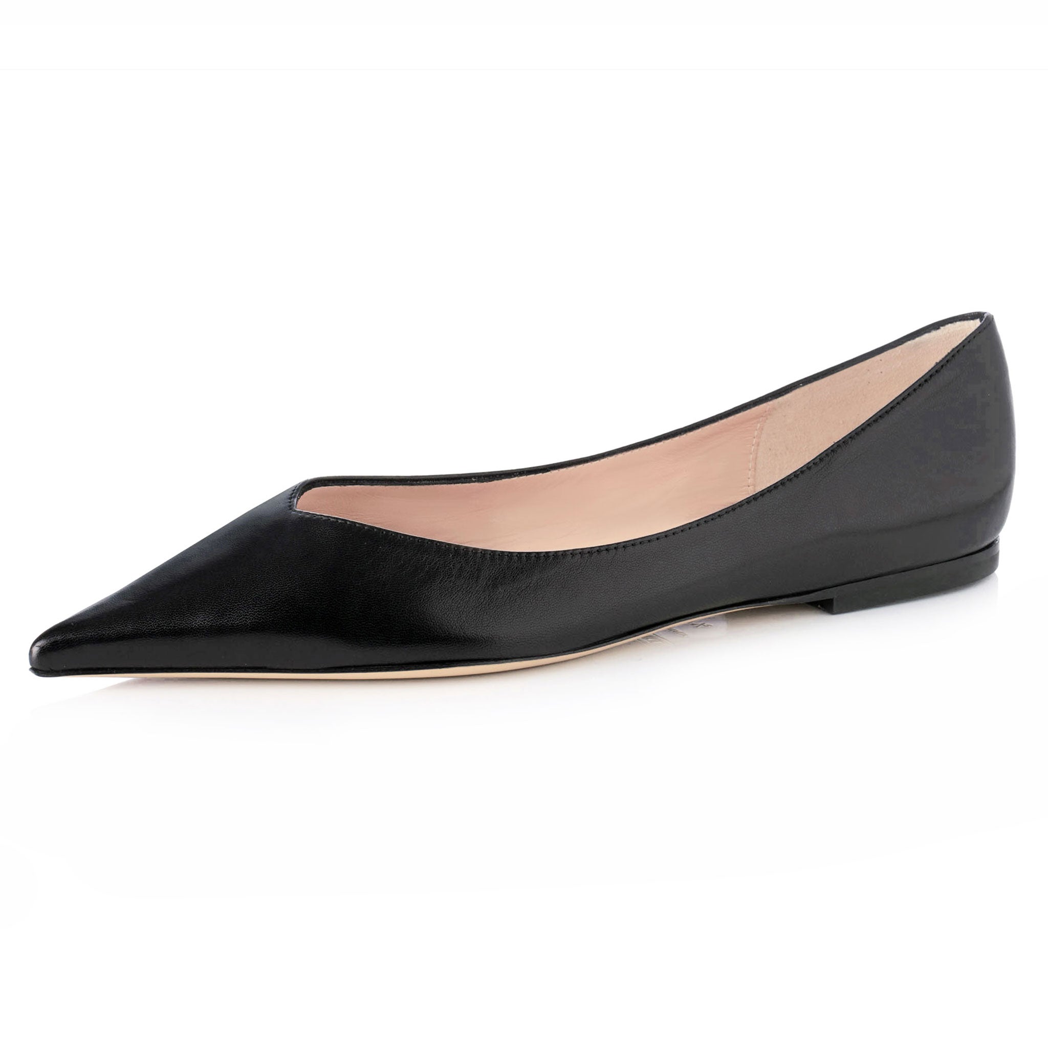 slip on flat pointed toe shoes in a luxurious smooth black leather 
